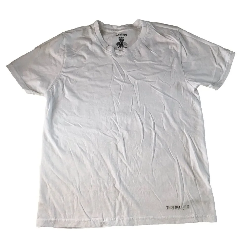 True Religion Brand Jeans T-shirt Silver Metallic Logo White V-neck Size Medium